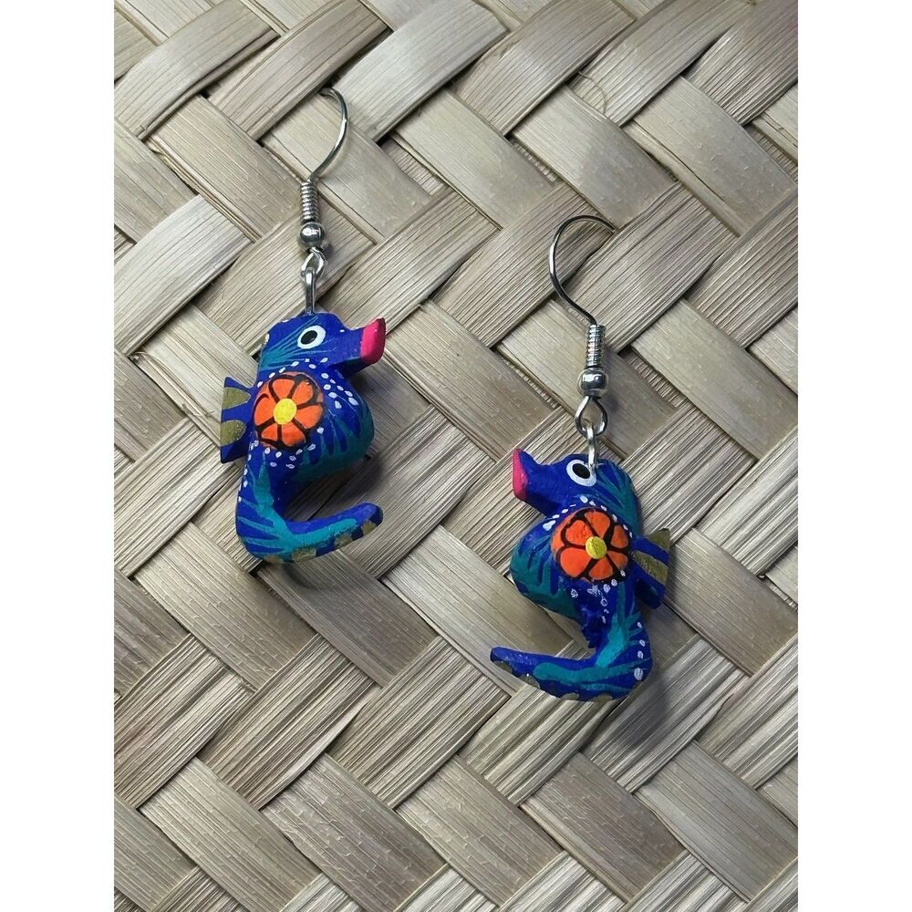 Blue Cat Alebrije Earrings Hand Carved Painted Wood Oaxaca Mexican Folk Art Boho
